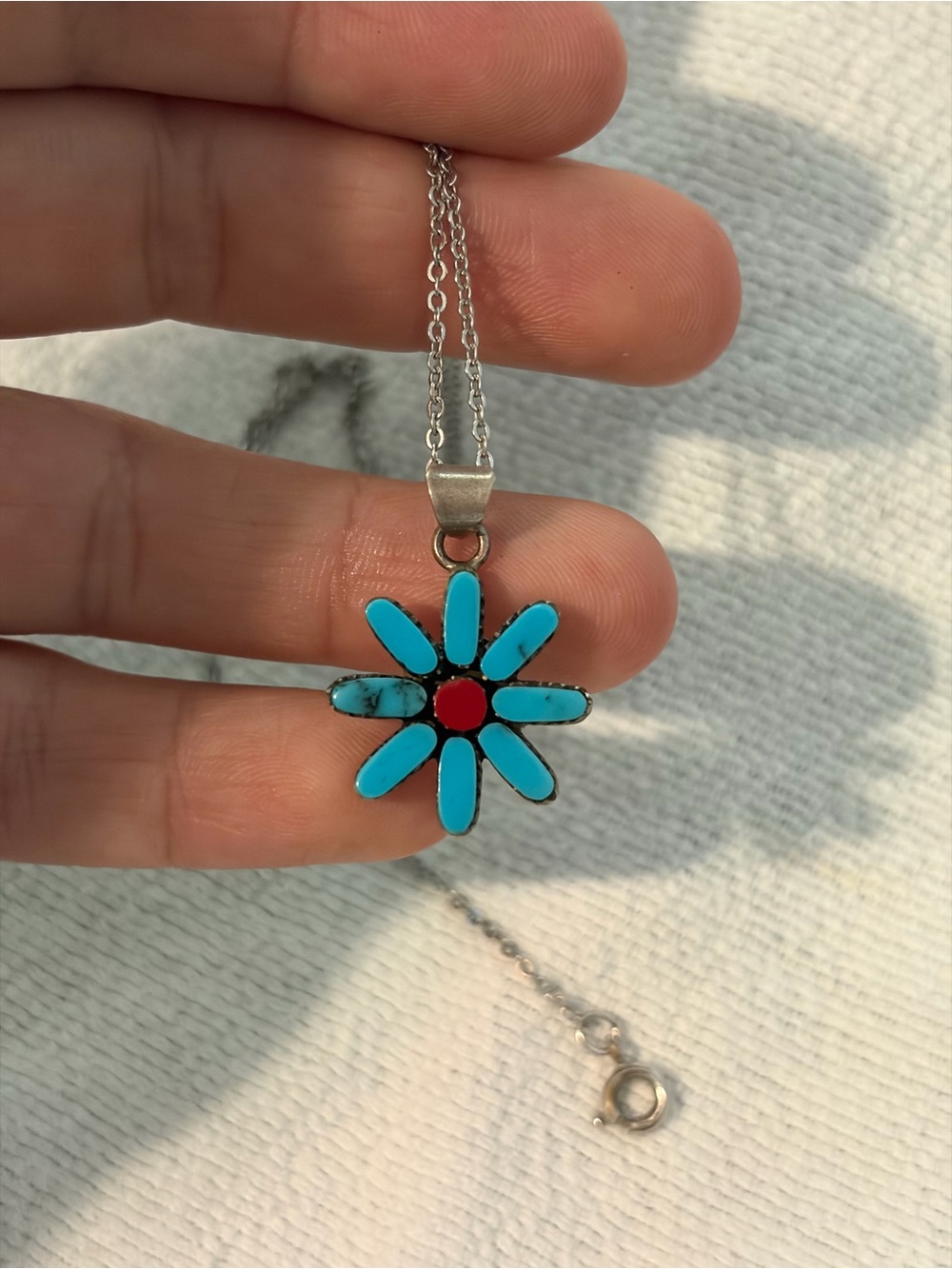 Sterling Silver 925 Southwestern Flower Pendant Necklace - Turquoise & Red Coral
